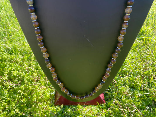 30" Long 8 mm Round Shape Agate Necklace, Silver Overlay S-Hook Closure, Beaded Necklace, Bohemian Style, Handcrafted Jewelry,