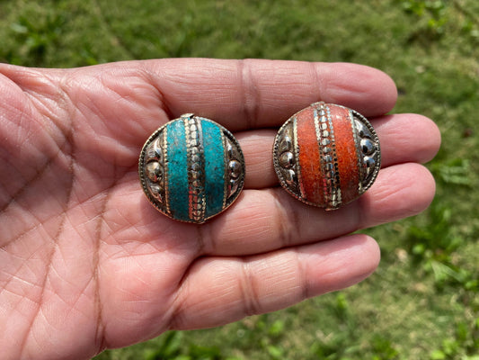 30 mm Tibetan Silver Center Beads, Turquoise or Coral Inlaid, Himalayan Bead for Necklace, Bracelet Charm, Mala Bead, Hill Tribe Center Bead