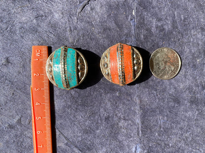 30 mm Tibetan Silver Center Beads, Turquoise or Coral Inlaid, Himalayan Bead for Necklace, Bracelet Charm, Mala Bead, Hill Tribe Center Bead
