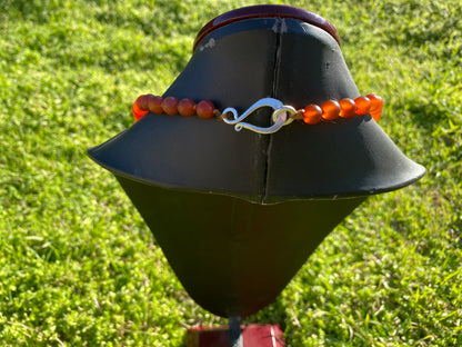 32" Long 8 mm Carnelian Bead Necklace with Silver Overlay S- Hook Closure, It's a Statement Piece that Exudes Confidence and Sophistication