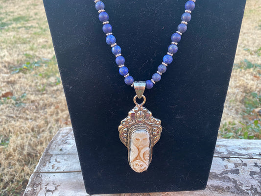 32" Long 8 mm Round Shape Lapis Lazuli Necklace, Hand Carved Bear with Owl Bone Tibetan Silver Pendant with Necklace, Blue Natural Stone