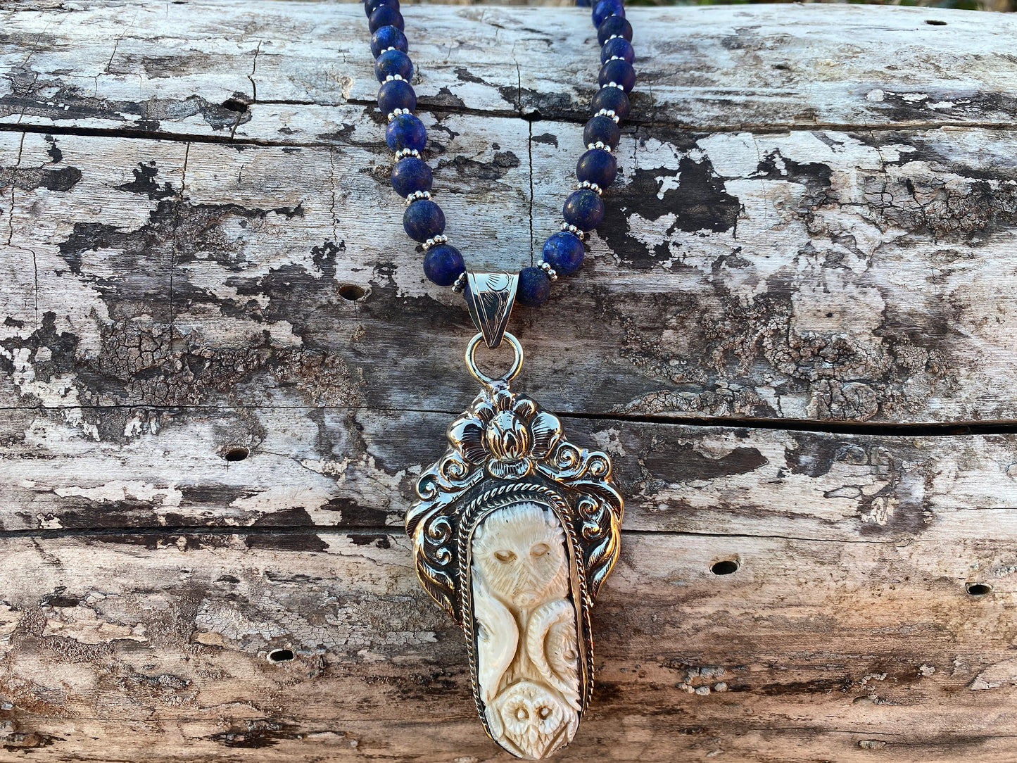 32" Long 8 mm Round Shape Lapis Lazuli Necklace, Hand Carved Bear with Owl Bone Tibetan Silver Pendant with Necklace, Blue Natural Stone