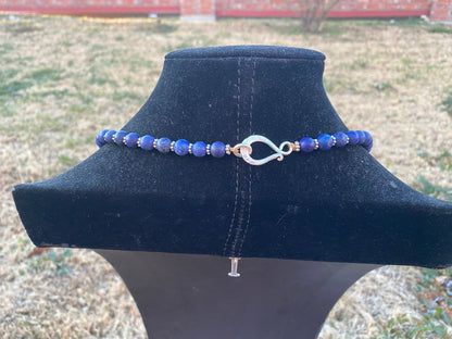 32" Long 8 mm Round Shape Lapis Lazuli Necklace, Hand Carved Bear with Owl Bone Tibetan Silver Pendant with Necklace, Blue Natural Stone