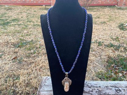 32" Long 8 mm Round Shape Lapis Lazuli Necklace, Hand Carved Bear with Owl Bone Tibetan Silver Pendant with Necklace, Blue Natural Stone