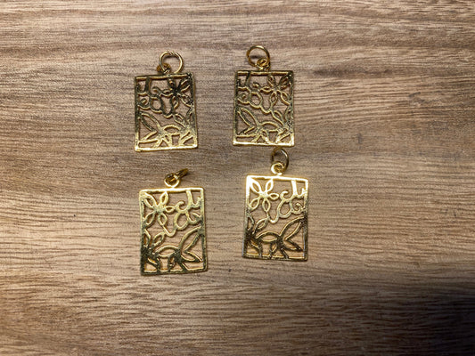 32x17mm Small Pendant 18k Shiny Gold Overlay Charms, Gold Plated Findings, Rectangle Shapes Charms, Anti Tarnish, Flower Designs Findings,