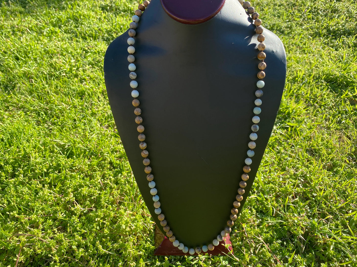33" Long 8 mm Amazonite with Picture Jasper Beaded Necklace, Gold Overlay S-Hook Closure, Luxurious Appeal of Jasper Beads, Everyday Wear