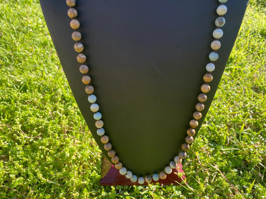 33" Long 8 mm Amazonite with Picture Jasper Beaded Necklace, Gold Overlay S-Hook Closure, Luxurious Appeal of Jasper Beads, Everyday Wear