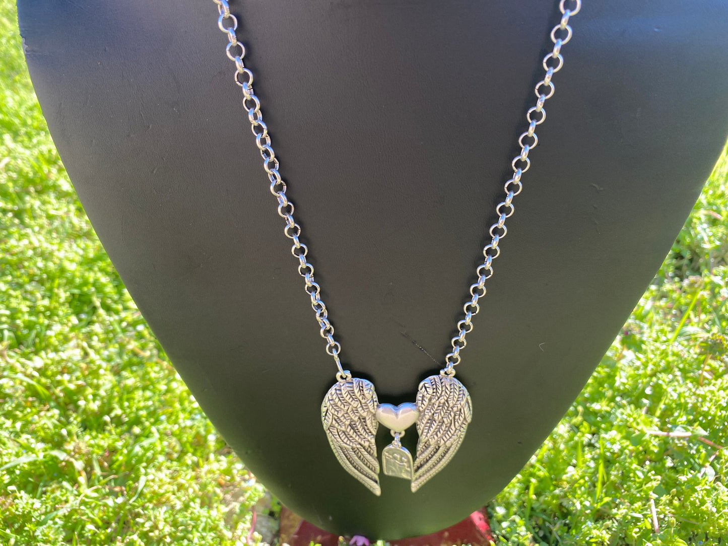 33" Long Guardian Angel Wing with Heart Pendant Rollo Chain Tibetan Silver Necklace, Memorial Necklace, Angel wings jewelry, Sympathy Gift