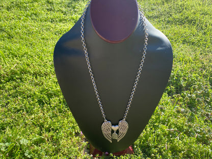 33" Long Guardian Angel Wing with Heart Pendant Rollo Chain Tibetan Silver Necklace, Memorial Necklace, Angel wings jewelry, Sympathy Gift