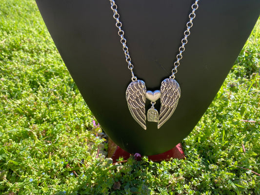 33" Long Guardian Angel Wing with Heart Pendant Rollo Chain Tibetan Silver Necklace, Memorial Necklace, Angel wings jewelry, Sympathy Gift