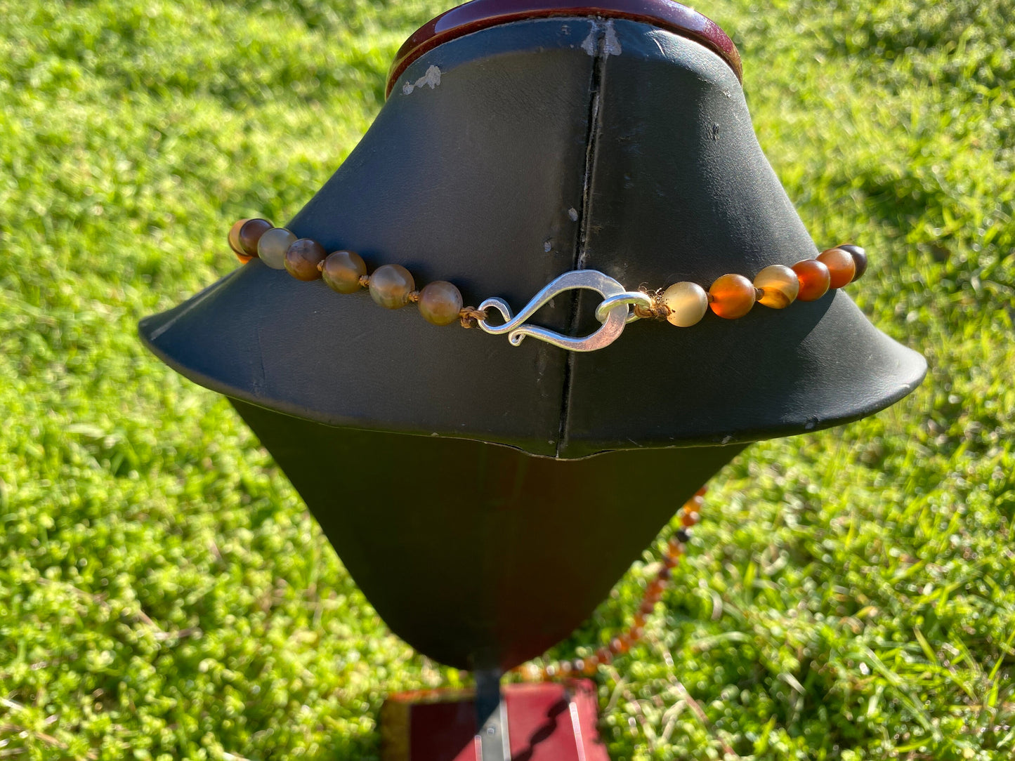 34" Long 8 mm Round Shape Agate Necklace, Silver Overlay S-Hook Closure, Beaded Necklace, Bohemian Style, Handcrafted Jewelry,