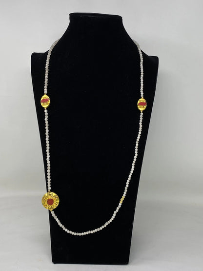 36" Long 5mm Faceted Moonstone Necklace, Coral on Focal Bead, 18K Matte Gold Overlay,  Beaded Necklace, Nepal Tibetan Beads