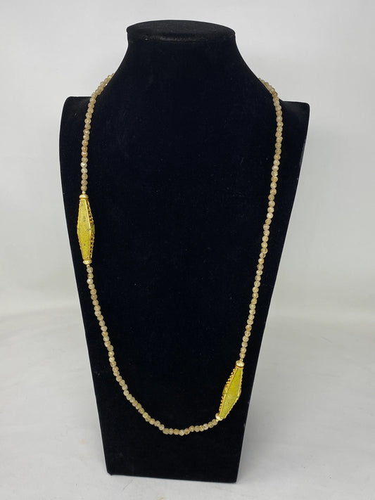36" Long 6mm Faceted Necklace, Nepal Handmade Focal Bead, 18k Matte Gold Overlay, Beaded Necklace Bohemian Necklace