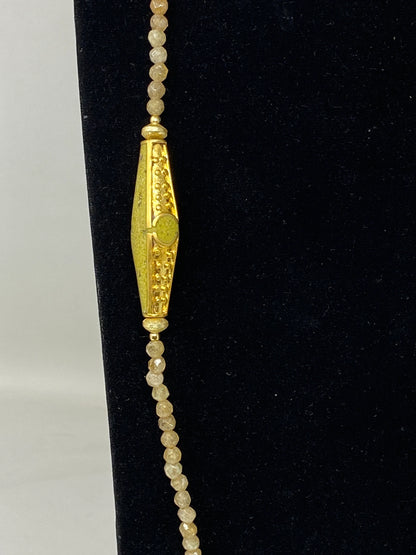 36" Long 6mm Faceted Necklace, Nepal Handmade Focal Bead, 18k Matte Gold Overlay, Beaded Necklace Bohemian Necklace