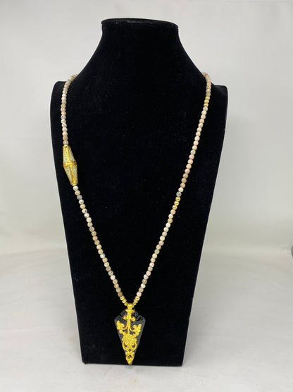 36" Long Necklace 6mm Faceted Creamy Beige White Natural Fossil Jasper, Amber Inlaid Focal Bead, Obsidian Handcrafted Pendant, Gold Overlay