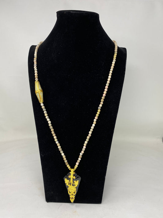 36" Long Necklace 6mm Faceted Creamy Beige White Natural Fossil Jasper, Amber Inlaid Focal Bead, Obsidian Handcrafted Pendant, Gold Overlay