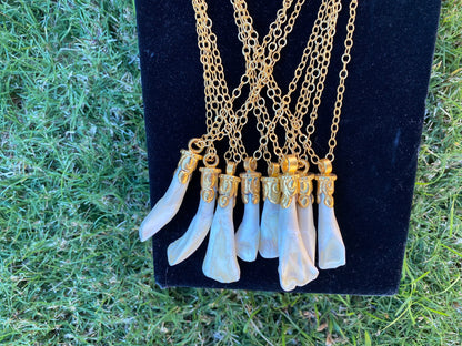 36'' Long Necklace, Buffalo Real Tooth 18K Brushed Gold Overlay Chain Necklace, Elegant Necklace, Bone Pendant Jewelry, Statement Jewelry,