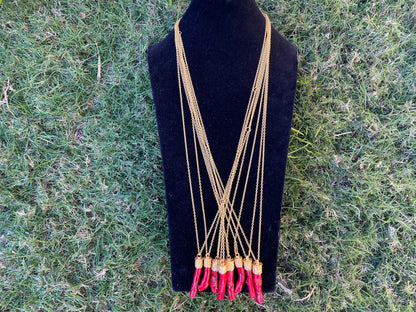 36'' Long Necklace, Dyed Red Coral 18K Brushed Gold Overlay Chain Necklace, Elegant Necklace, Coral Pendant Jewelry, Statement Jewelry, Boho