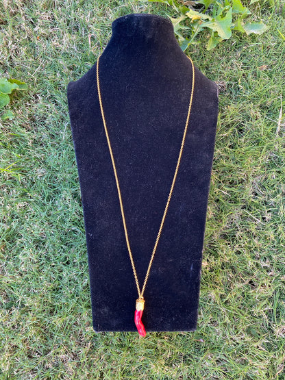 36'' Long Necklace, Dyed Red Coral 18K Brushed Gold Overlay Chain Necklace, Elegant Necklace, Coral Pendant Jewelry, Statement Jewelry, Boho
