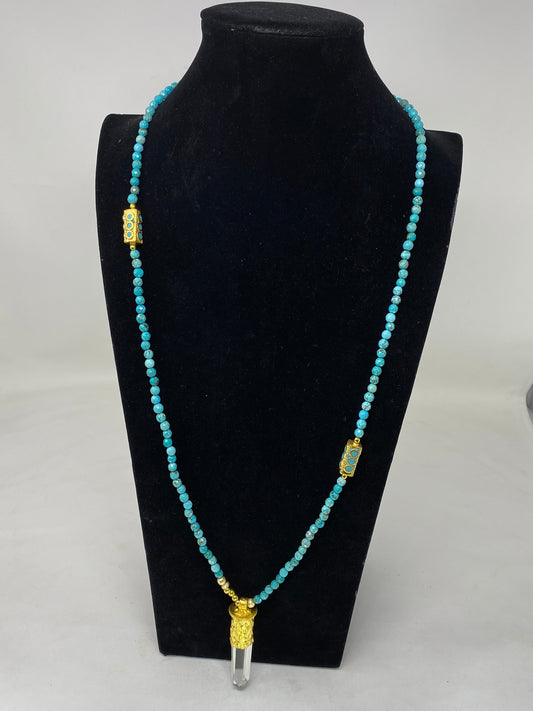 36" Long Turquoise Necklace, 6mm Faceted Round Shape Himalayan Pointed Crystal Pendant Turquoise inlaid on Focal Bead 18k Matte Gold Overlay