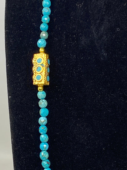 36" Long Turquoise Necklace, 6mm Faceted Round Shape Himalayan Pointed Crystal Pendant Turquoise inlaid on Focal Bead 18k Matte Gold Overlay