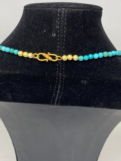 36" Long Turquoise Necklace, 6mm Faceted Round Shape Himalayan Pointed Crystal Pendant Turquoise inlaid on Focal Bead 18k Matte Gold Overlay
