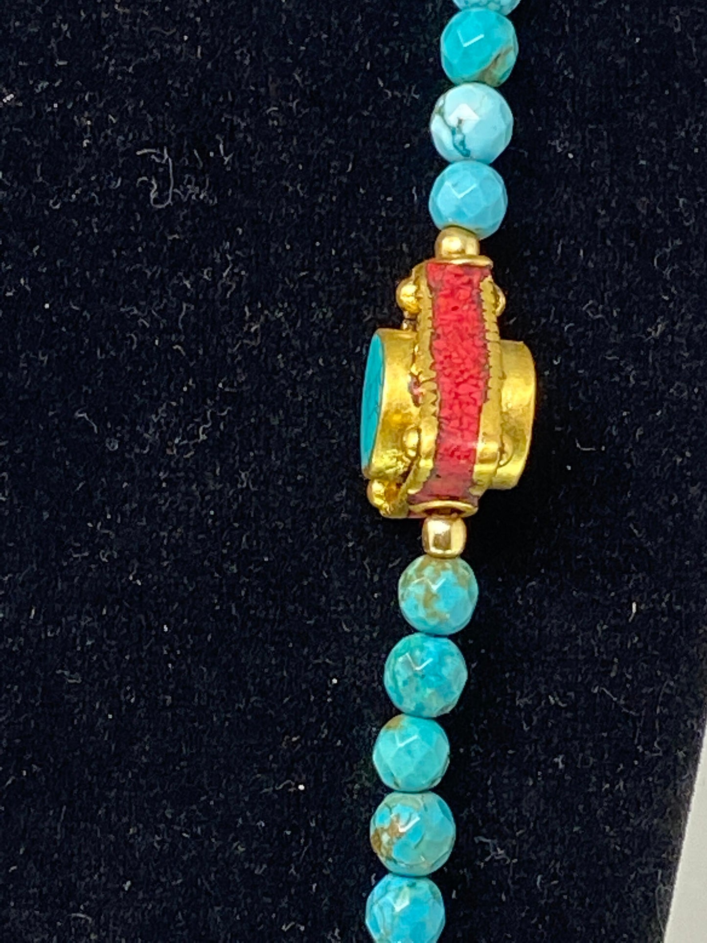 38" Long 6mm Turquoise Necklace, Faceted Round Shapes, Coral Turquoise Inlaid Focal Nepal Beads, Natural Stone, Handmade in Nepal, Statement