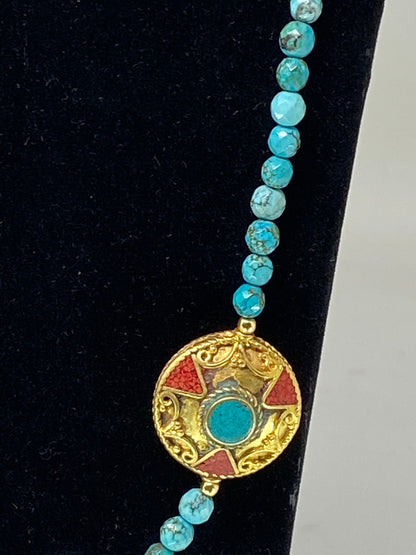 38" Long 6mm Turquoise Necklace, Faceted Round Shapes, Coral Turquoise Inlaid Focal Nepal Beads, Natural Stone, Handmade in Nepal, Statement