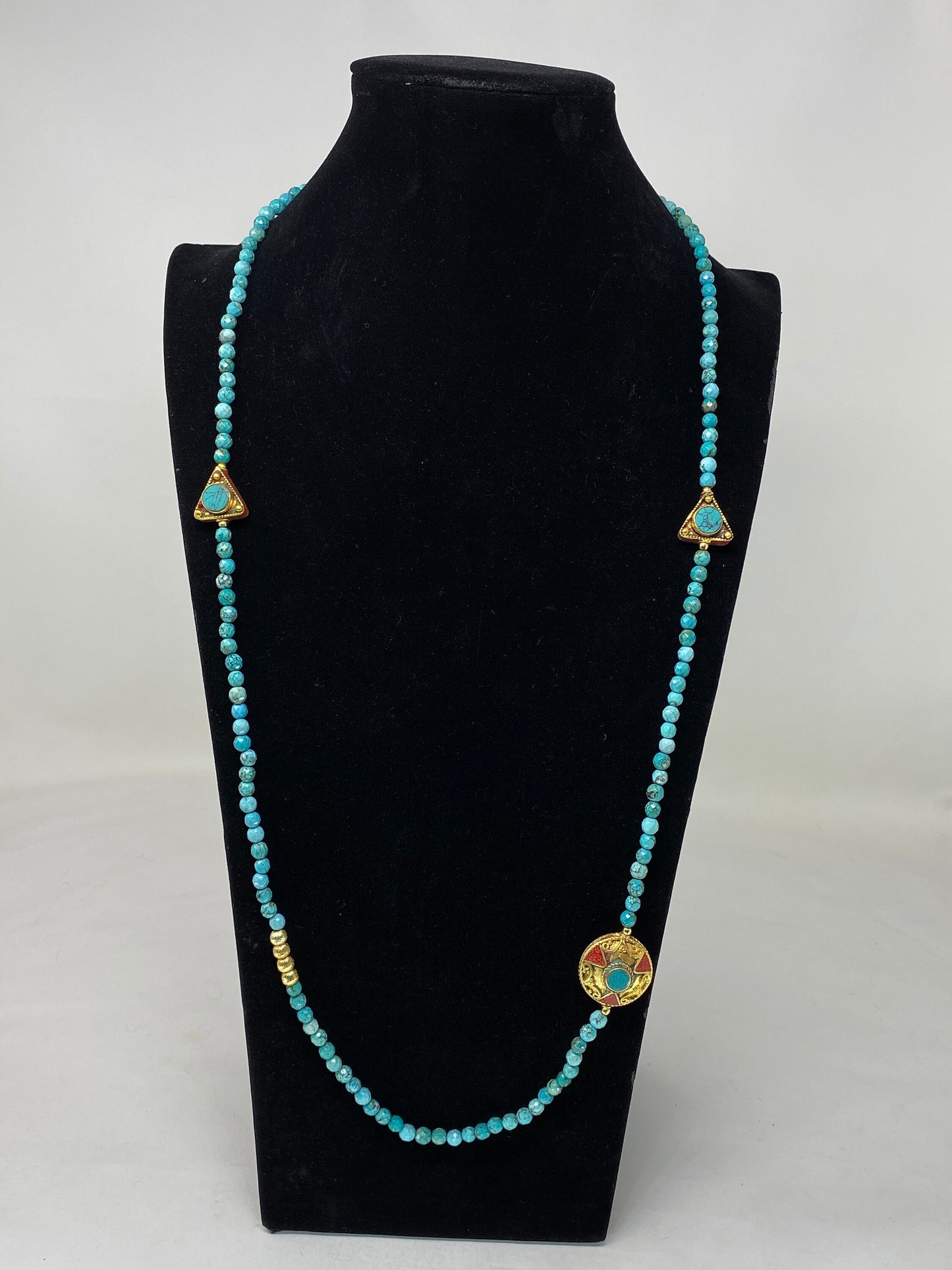 38" Long 6mm Turquoise Necklace, Faceted Round Shapes, Coral Turquoise Inlaid Focal Nepal Beads, Natural Stone, Handmade in Nepal, Statement