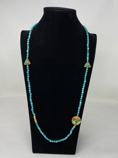 38" Long 6mm Turquoise Necklace, Faceted Round Shapes, Coral Turquoise Inlaid Focal Nepal Beads, Natural Stone, Handmade in Nepal, Statement
