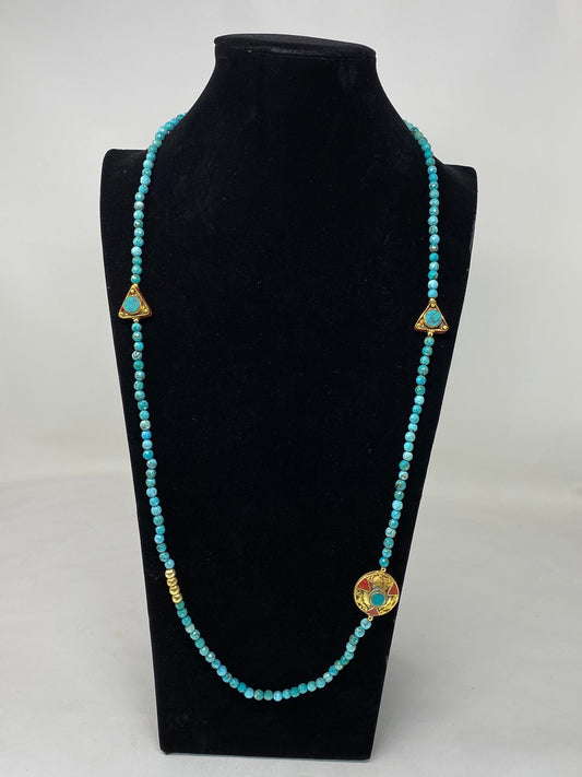 38" Long 6mm Turquoise Necklace, Faceted Round Shapes, Coral Turquoise Inlaid Focal Nepal Beads, Natural Stone, Handmade in Nepal, Statement
