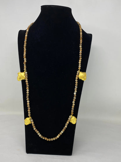 38" Long 7mm Necklace, Natural Wooden Matte Jasper, African Faces Charms, 18K Matte Gold Overlay, Beaded Necklace, Bohemian Tribal Necklace