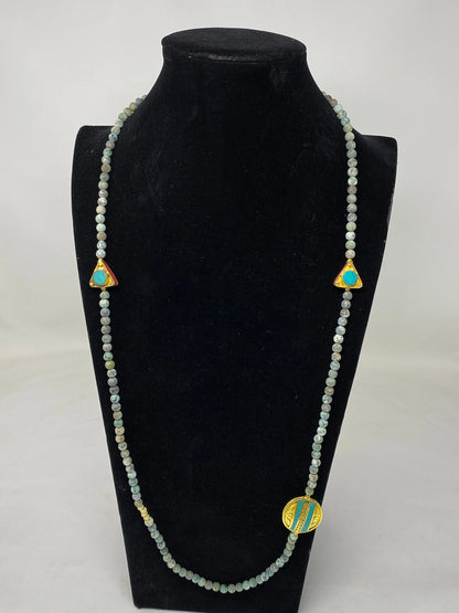 38" Long African Turquoise Necklace, 7 mm Round Shape, 18k Matte Gold Overlay Focal Beads, Turquoise & Coral Inlaid, Natural Gemstone Beaded