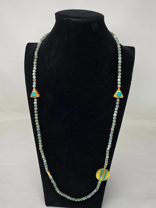 38" Long African Turquoise Necklace, 7 mm Round Shape, 18k Matte Gold Overlay Focal Beads, Turquoise & Coral Inlaid, Natural Gemstone Beaded