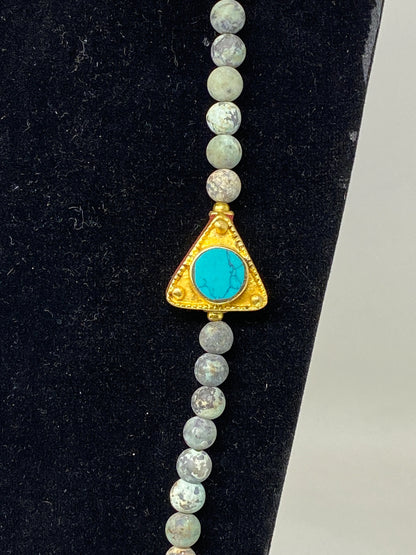 38" Long African Turquoise Necklace, 7 mm Round Shape, 18k Matte Gold Overlay Focal Beads, Turquoise & Coral Inlaid, Natural Gemstone Beaded
