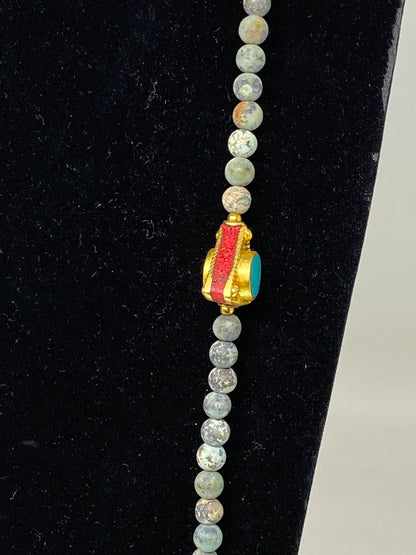 38" Long African Turquoise Necklace, 7 mm Round Shape, 18k Matte Gold Overlay Focal Beads, Turquoise & Coral Inlaid, Natural Gemstone Beaded
