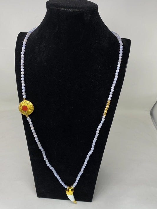 38' long Necklace, Light Blue Lace Agate, 6 mm Round Shape, 18k Matte Gold overlay Shell Pendant, with Coral Inlaid Nepali Beads