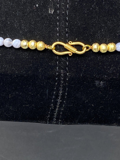 38' long Necklace, Light Blue Lace Agate, 6 mm Round Shape, 18k Matte Gold overlay Shell Pendant, with Coral Inlaid Nepali Beads