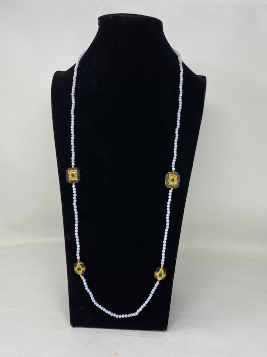 40" Long 5mm Faceted Blue Lace Agate Necklace, Rhinestone Black & Gold Focal Beads, Gold Overlay, Beaded Necklace, Long Layering Necklace