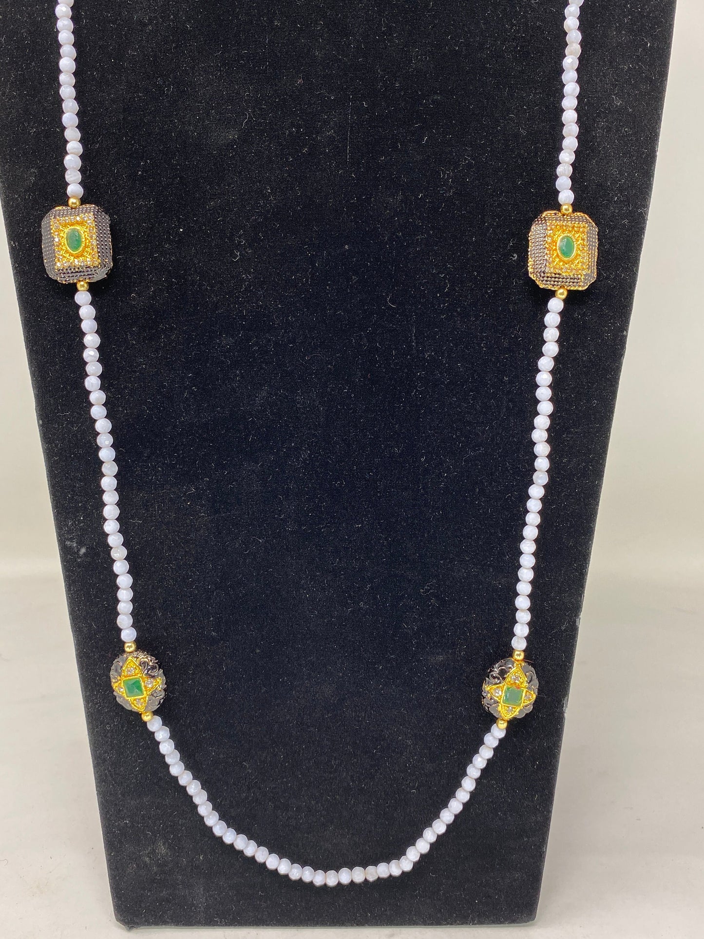 40" Long 5mm Faceted Blue Lace Agate Necklace, Rhinestone Black & Gold Focal Beads, Gold Overlay, Beaded Necklace, Long Layering Necklace