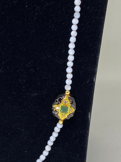 40" Long 5mm Faceted Blue Lace Agate Necklace, Rhinestone Black & Gold Focal Beads, Gold Overlay, Beaded Necklace, Long Layering Necklace