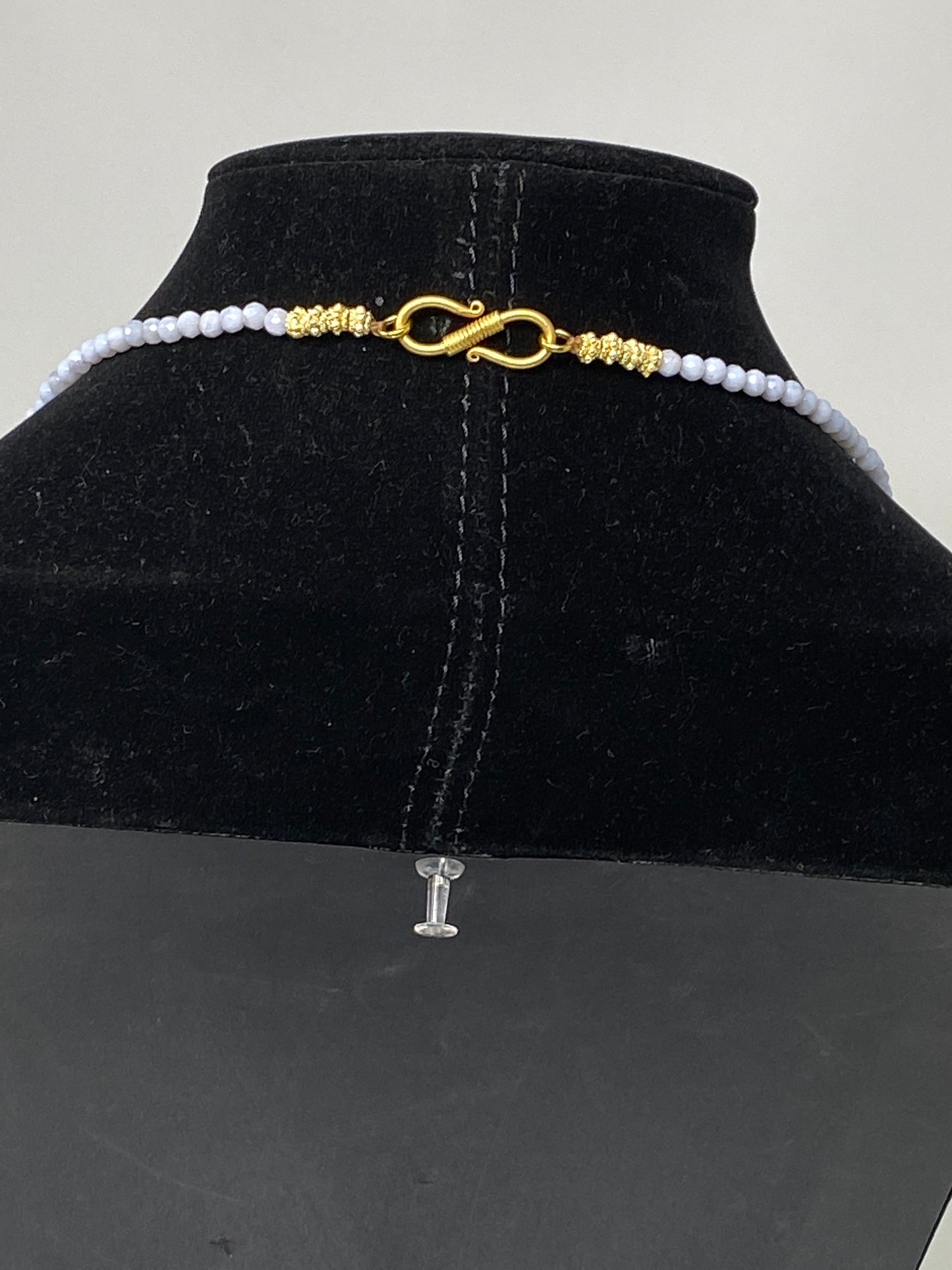 40" Long 5mm Faceted Blue Lace Agate Necklace, Rhinestone Black & Gold Focal Beads, Gold Overlay, Beaded Necklace, Long Layering Necklace