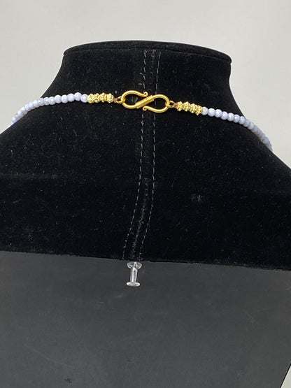 40" Long 5mm Faceted Blue Lace Agate Necklace, Rhinestone Black & Gold Focal Beads, Gold Overlay, Beaded Necklace, Long Layering Necklace