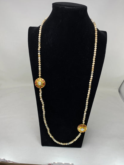 40" Long 6mm African Opal Necklace, Coral & Shell Inlaid, 18k Mate Gold Overlay Brass, Beaded Necklace, Handmade Focal Beads, Nepal Jewelry