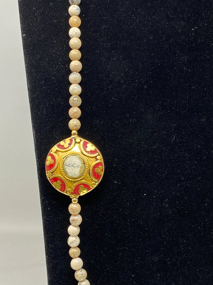 40" Long 6mm African Opal Necklace, Coral & Shell Inlaid, 18k Mate Gold Overlay Brass, Beaded Necklace, Handmade Focal Beads, Nepal Jewelry