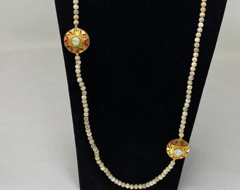 40" Long 6mm African Opal Necklace, Coral & Shell Inlaid, 18k Mate Gold Overlay Brass, Beaded Necklace, Handmade Focal Beads, Nepal Jewelry