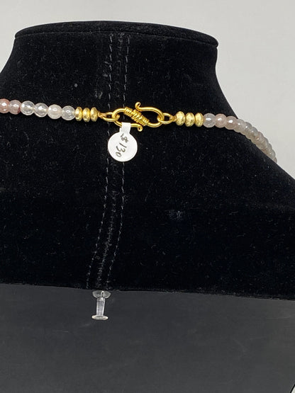 40" Long 6mm Faceted Rose Quartz Necklace, Coral & Turquoise Inlaid on Focal Bead. 18K Matte Gold Overlay, Tibetan Beaded Necklace