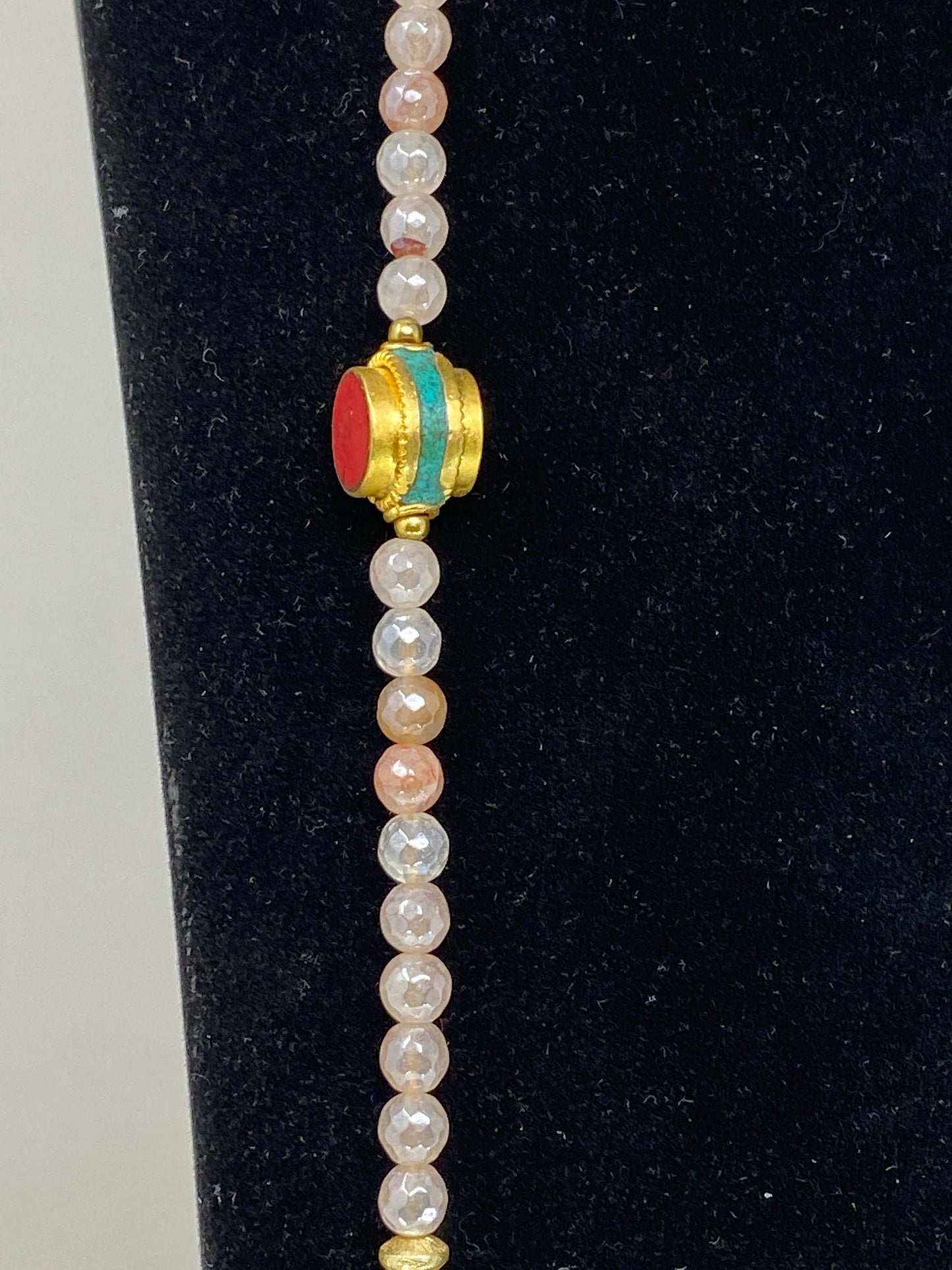 40" Long 6mm Faceted Rose Quartz Necklace, Coral & Turquoise Inlaid on Focal Bead. 18K Matte Gold Overlay, Tibetan Beaded Necklace