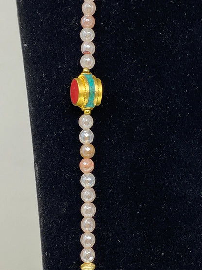 40" Long 6mm Faceted Rose Quartz Necklace, Coral & Turquoise Inlaid on Focal Bead. 18K Matte Gold Overlay, Tibetan Beaded Necklace