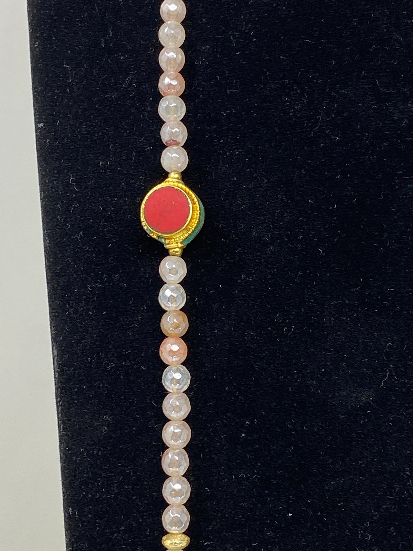 40" Long 6mm Faceted Rose Quartz Necklace, Coral & Turquoise Inlaid on Focal Bead. 18K Matte Gold Overlay, Tibetan Beaded Necklace